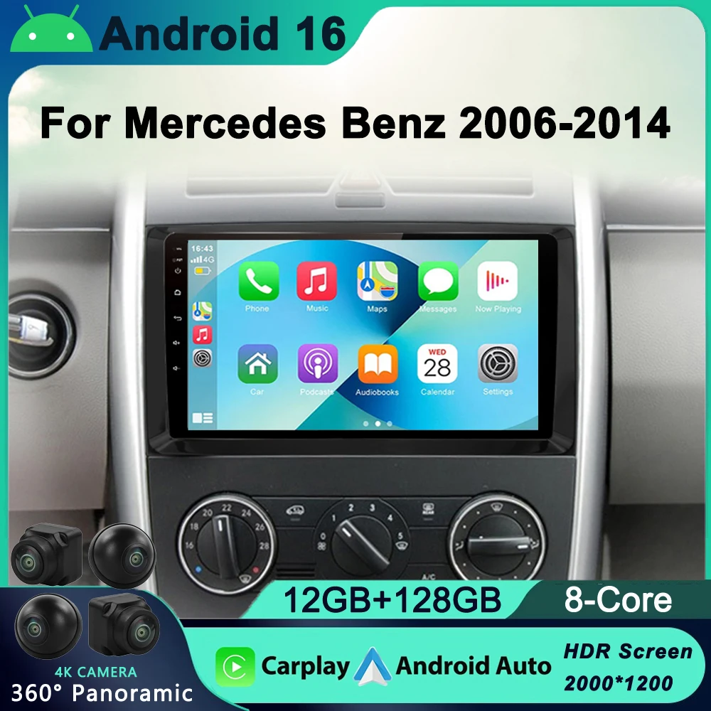 

8G+128G Android 16 Car Radio Multimedia Player For Mercedes/Benz/W169 W245 W639 W906 Sprinter B160 B170 B200 TPMS DAB+ OBD2 DVD