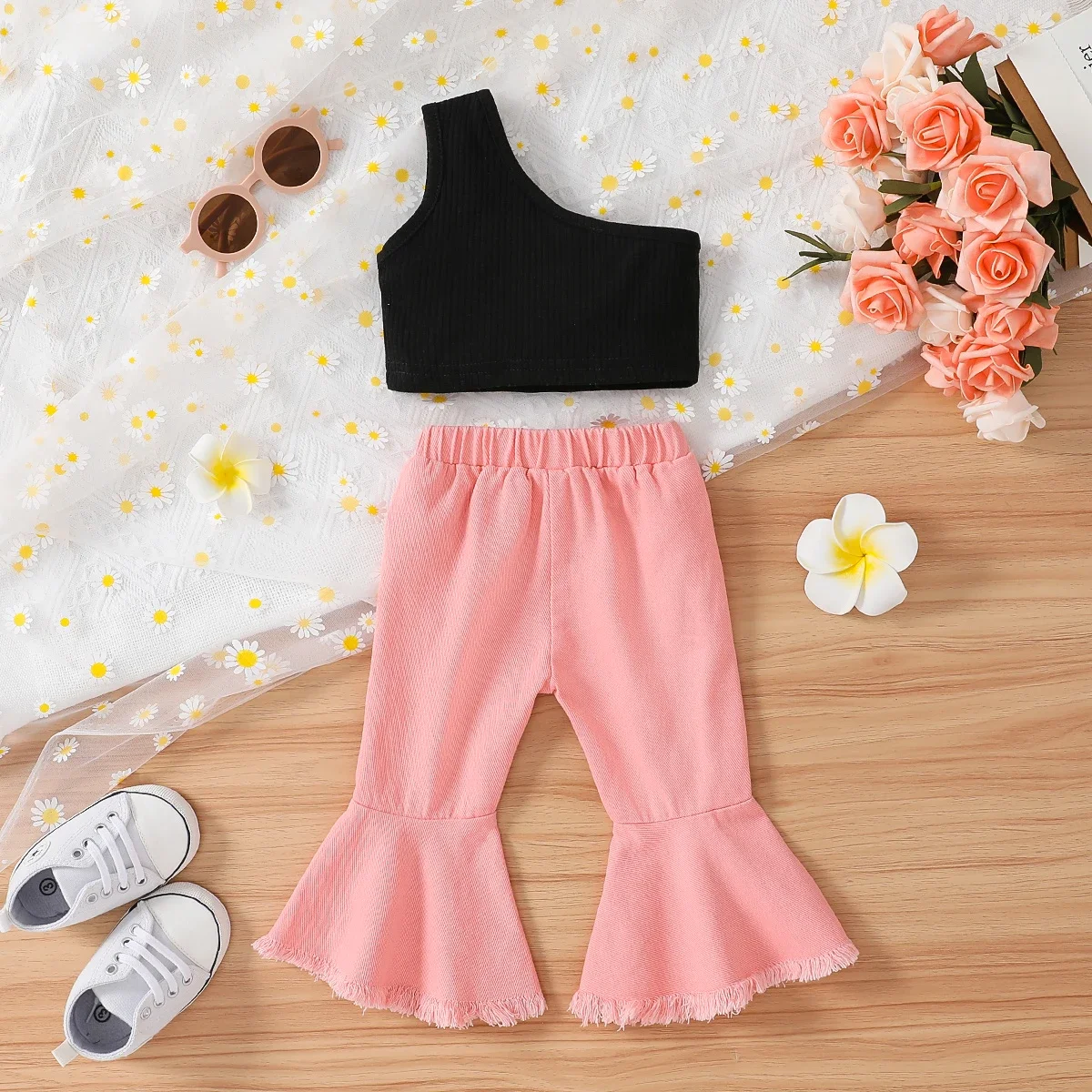 PatPat 2pcs Baby Girl 100% Cotton Ripped Denim Flare-sleeve Jeans and One Shoulder Crop Tank Top Set Suitable for Summer Season