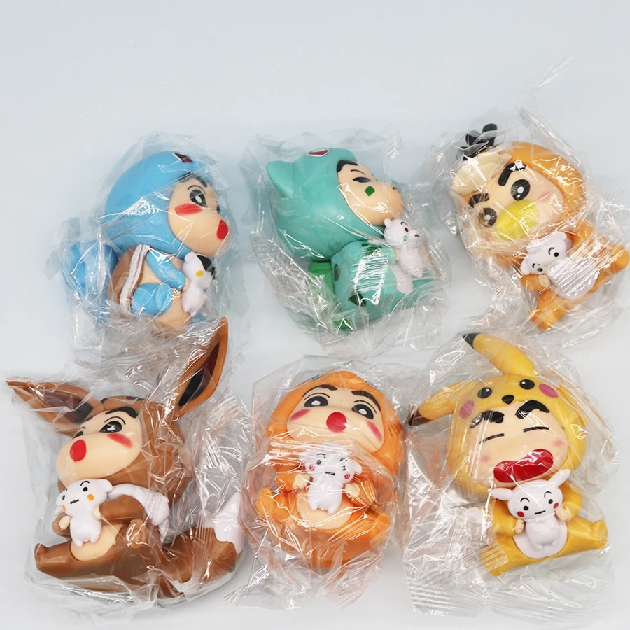 6Pcs/Set Q Version Crayon Shin-chan Anime Figure Shin-chan COS Pokémon Pikachu Action Figure Room Decorations PVC Collection Toy