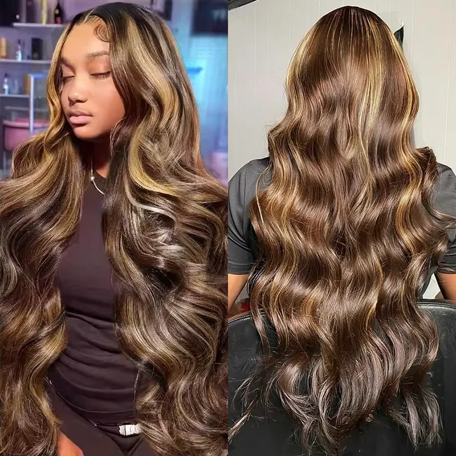P4/27 Highlight Lange Echthaar-Perücke Ombre-Farbige Bodywave-Haare 13x6 Lace Frontal 220% Dichte 13x4 HD Lace Perücken für Frauen