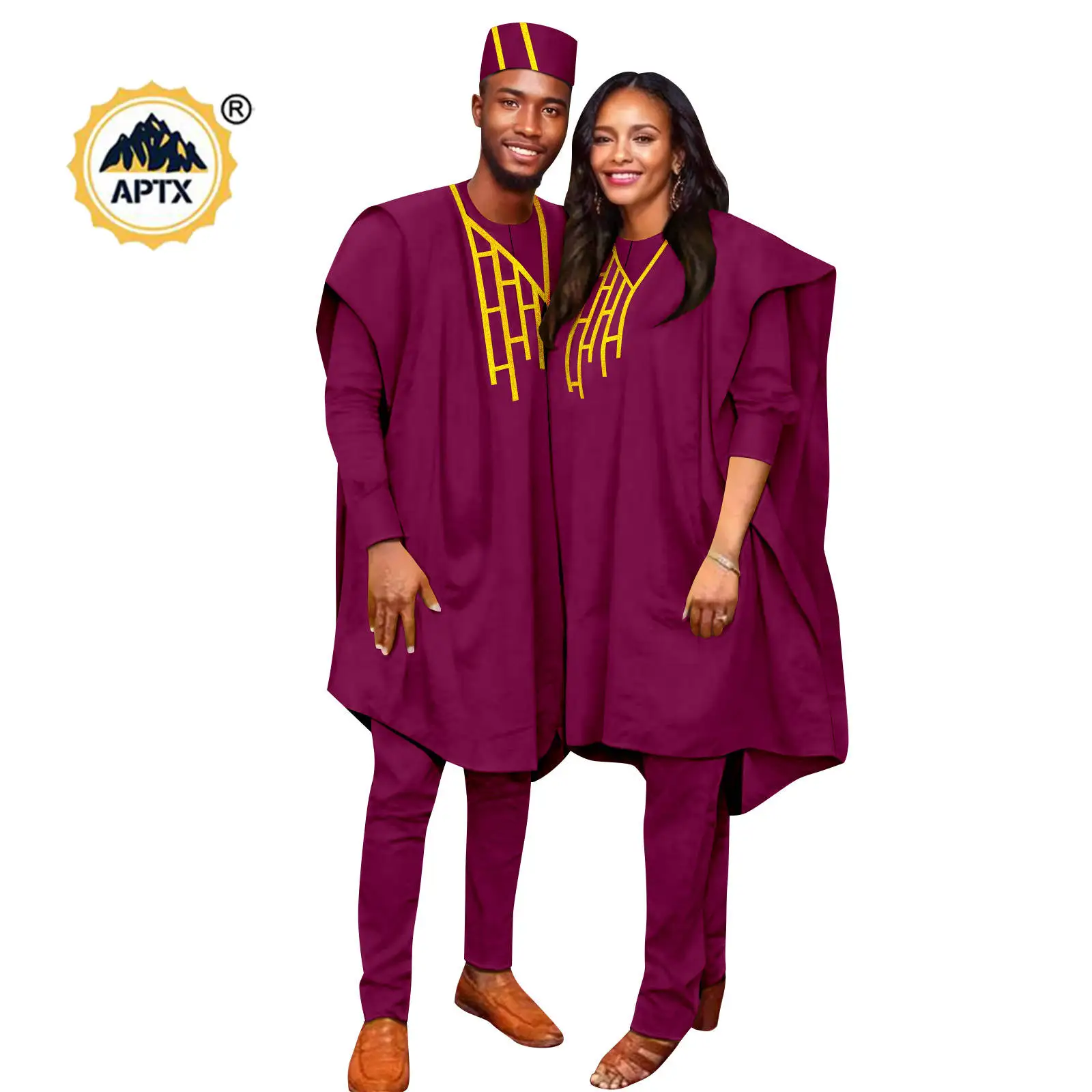 African Men Clothes Dashiki Hat Robe Top and Pant Sets Matching Couple Outfits Women 3 Pieces Bright Line Robe Agbada 25C021