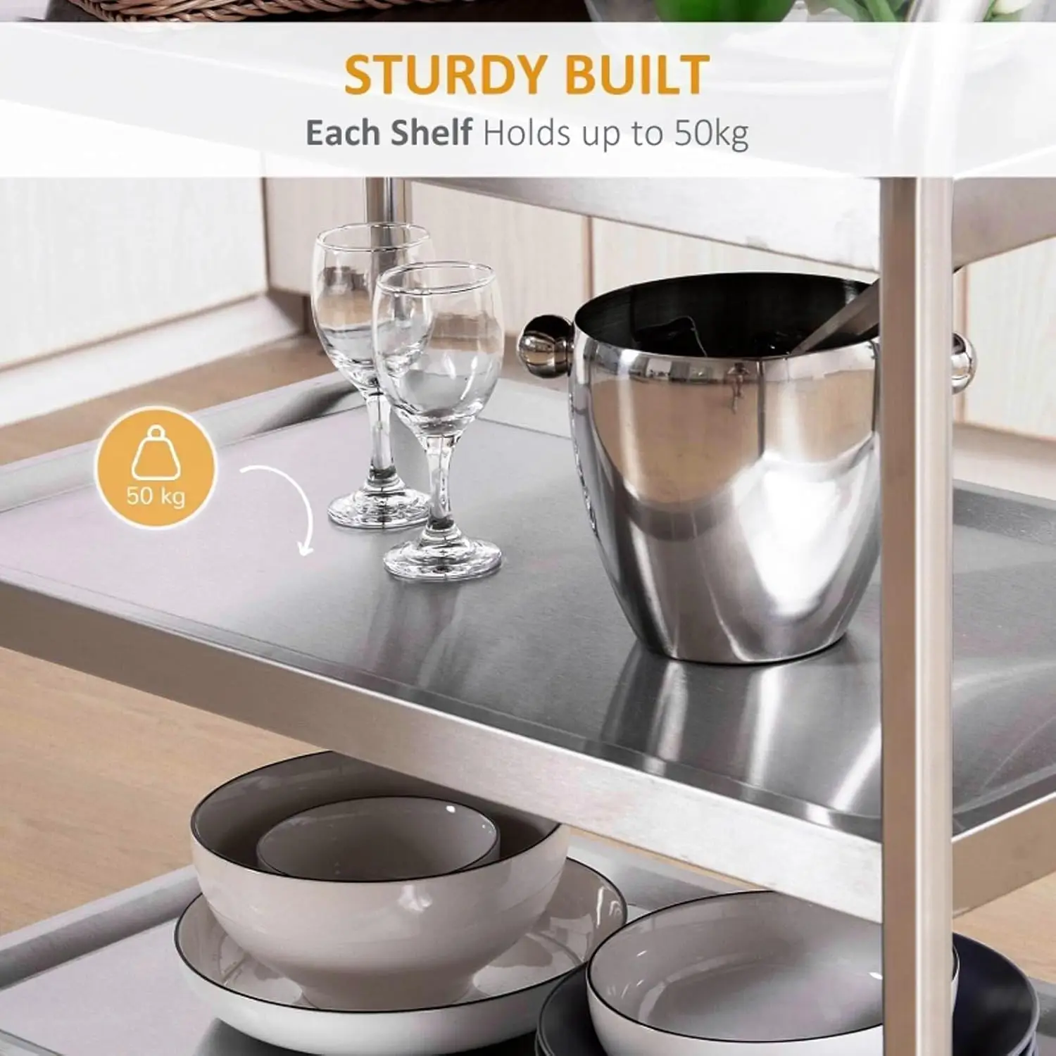 37.4x19.7x37.4 Inch Stainless Steel Cart Large 3 Tier Kitchen Utility Rolling Cart Service Catering Storage Cart with Locking Wh