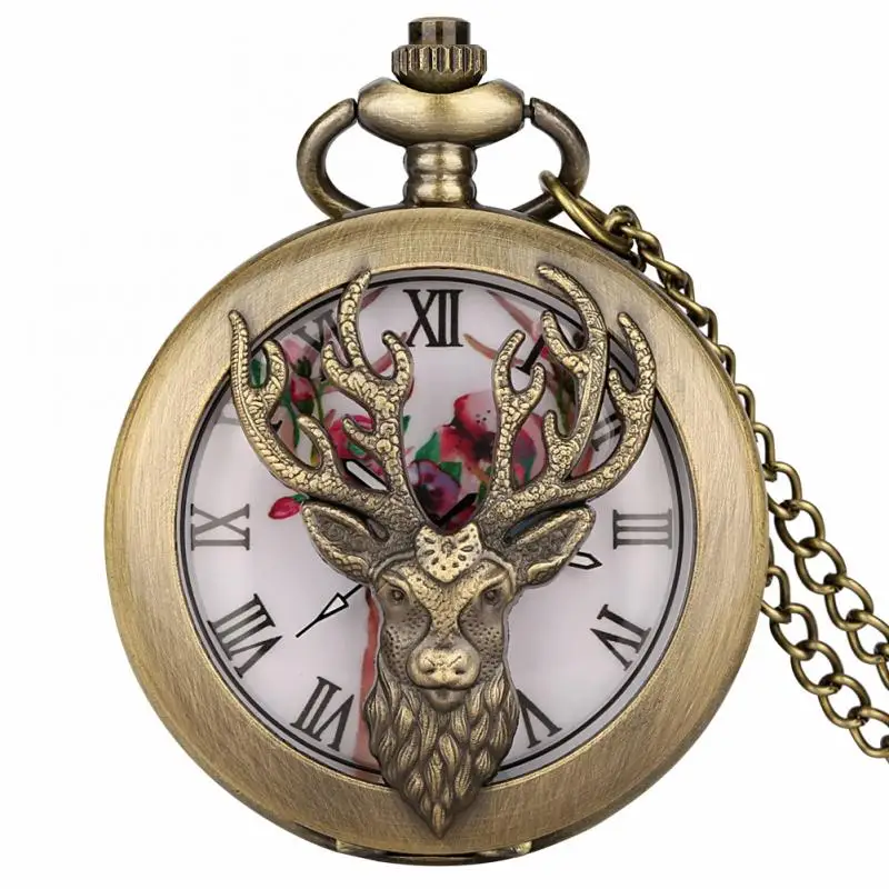 Retro Moda Horns Dial Design Bronze Elk Head Hollow Cover Sika Deer Quartz Pocket Watch Colar Pingente Relógio Relógios Antigos