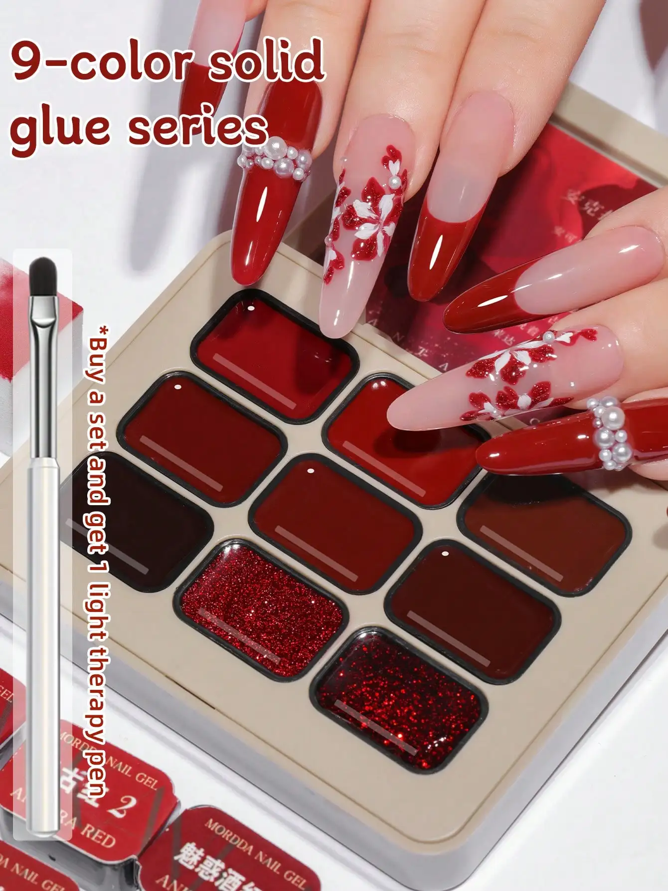 MORDDA 9 pièces Ankara série rouge 9 couleurs ensemble de colle à tapotements, vernis à ongles à Immersion UV LED, conception de vernis à ongles bricolage de vacances