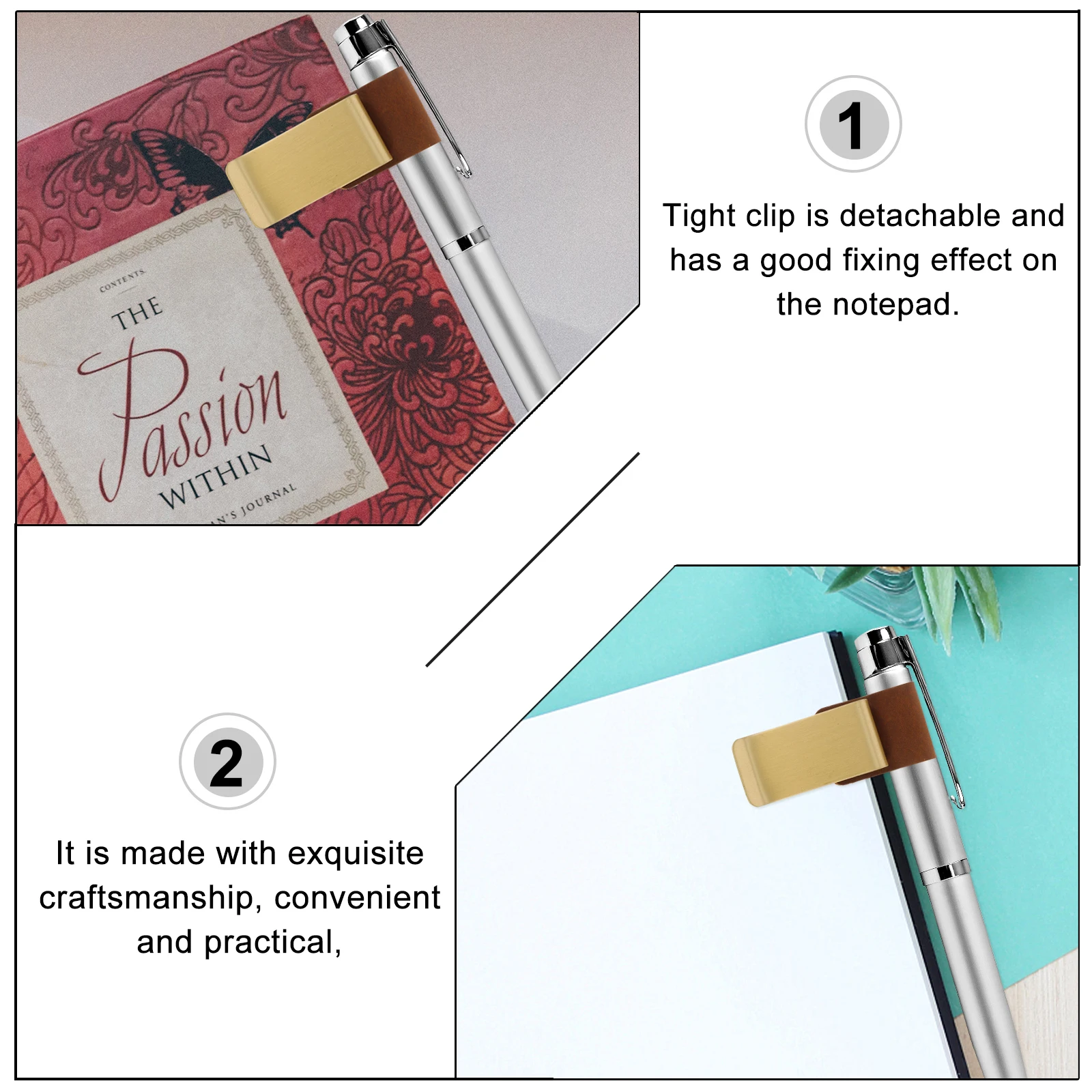 

3pcs Pen Clip Genuine Cowhide Alloy Detachable Notebook Holder Clipboard Binder Memo Pad Pencil Organizer