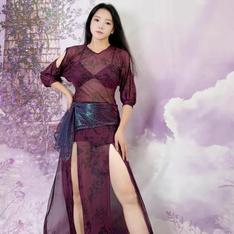 Customized Swegal Sexy Women's Belly Dance Practice Clothes Eastern Dance Costumes Arm Exposed Mesh Robes Lightweight