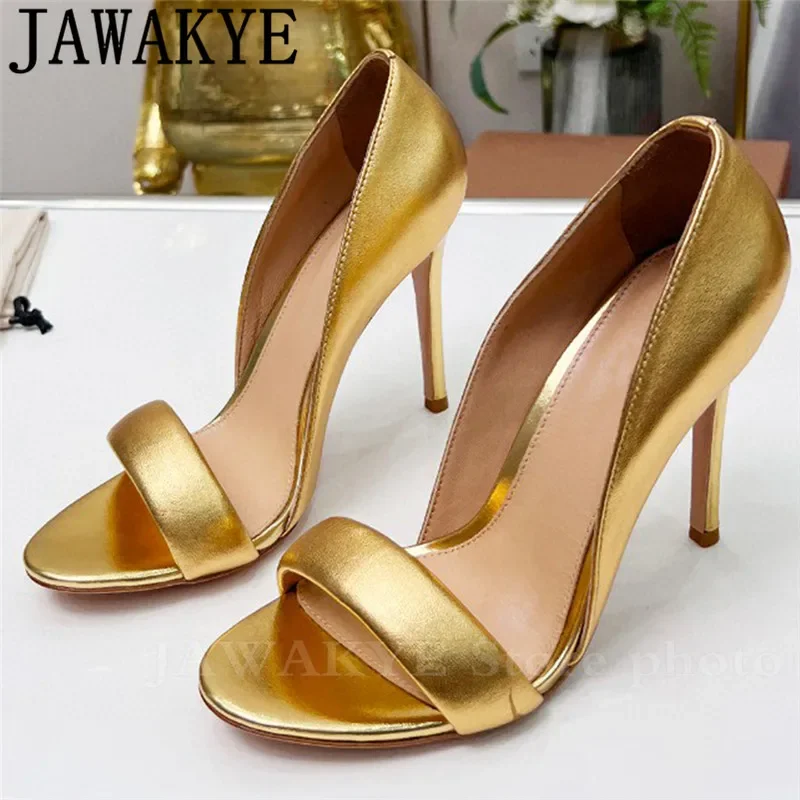 

High Heel Sandals Metallic Gold Leather Party Shoes Women Summer Shoes Open Toe Banquet Sandals