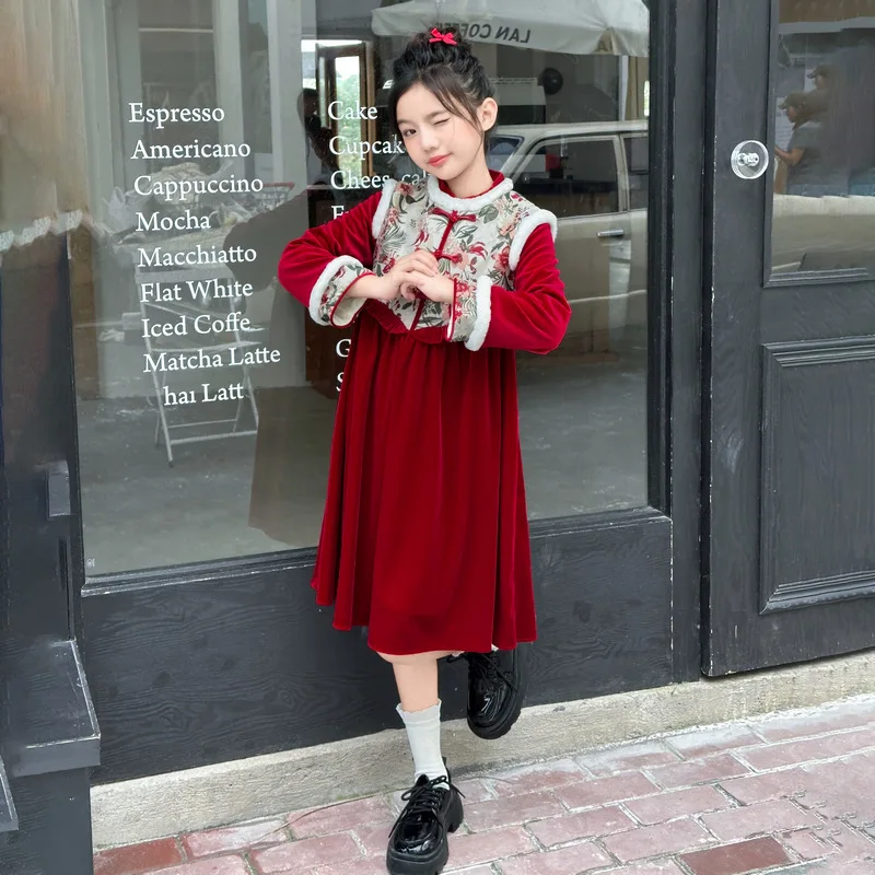 Girls Dress Winter Children Retro Clothes Thickening Kids Tangsuit Teenagers Traditional Chinese Sping Festival Costumes