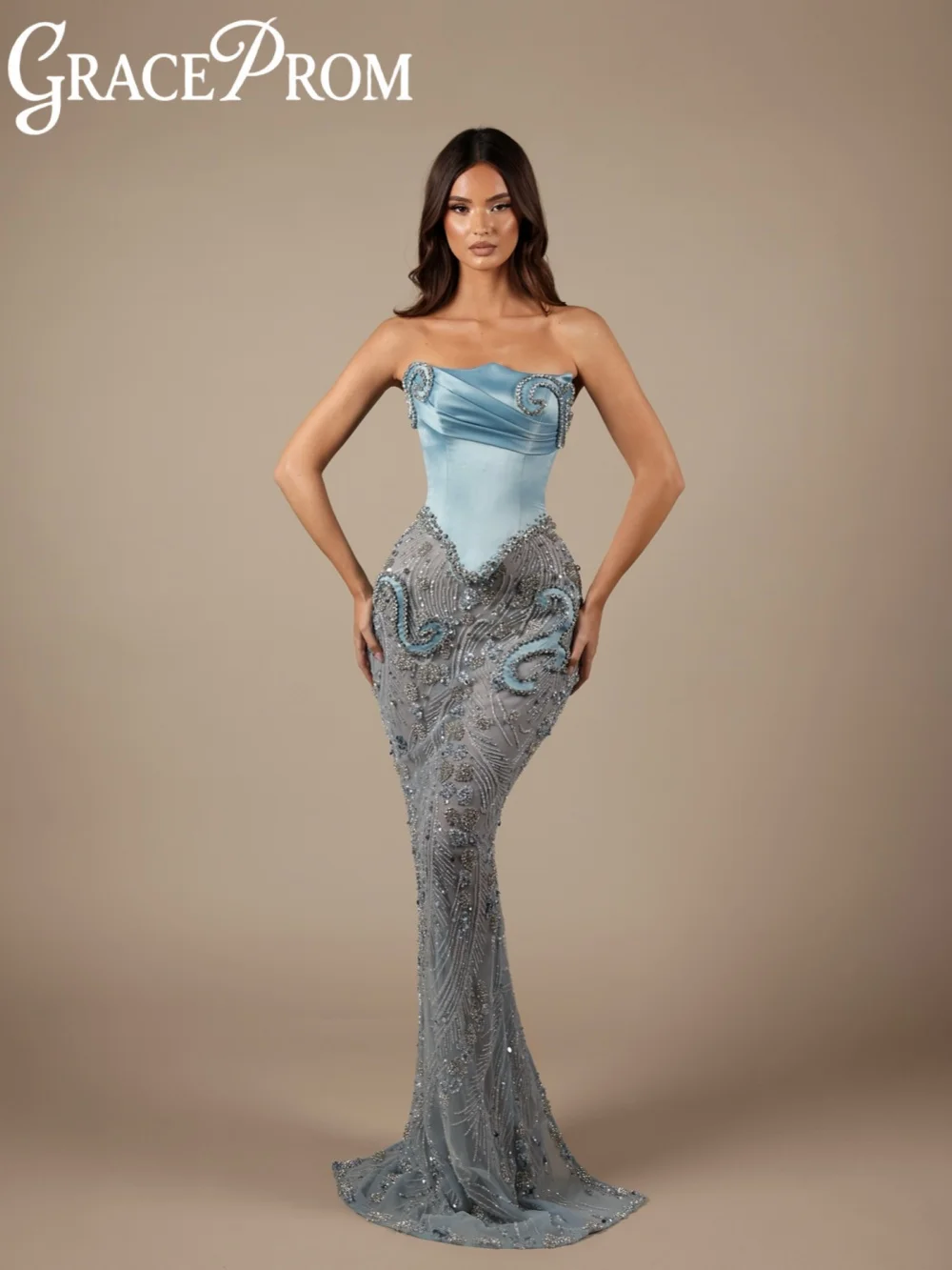 

Sky Blue Shimmering Beads Evening Dress Structured Corset Mermaid Long Wedding Party Gown Customized Luxury Banquet Dresses