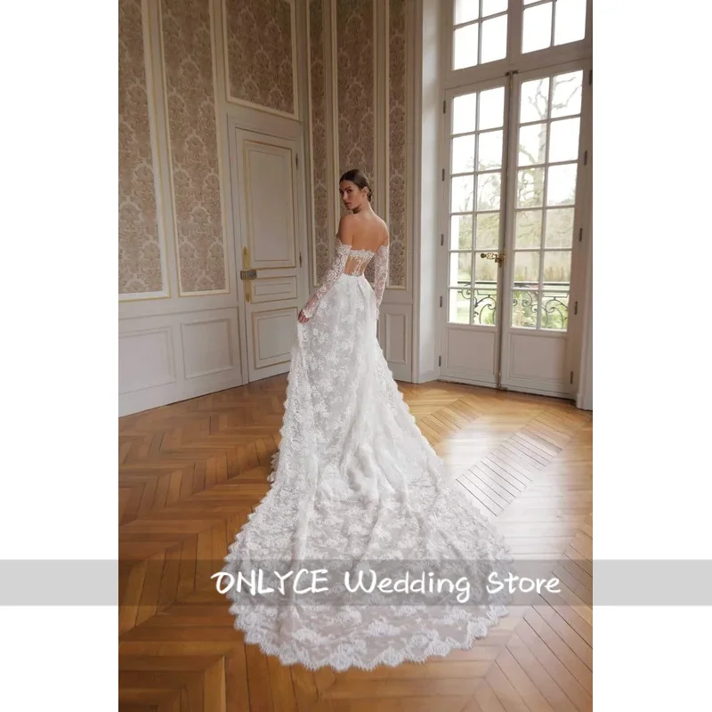 ชุดแต่งงานทรงเมอร์เมดลูกไม้สไตล์วินเทจสั่งตัดพิเศษ แขนยาวเปิดไหล่ สวยสะกดใจ ชุดเจ้าสาว Vestido De Novia