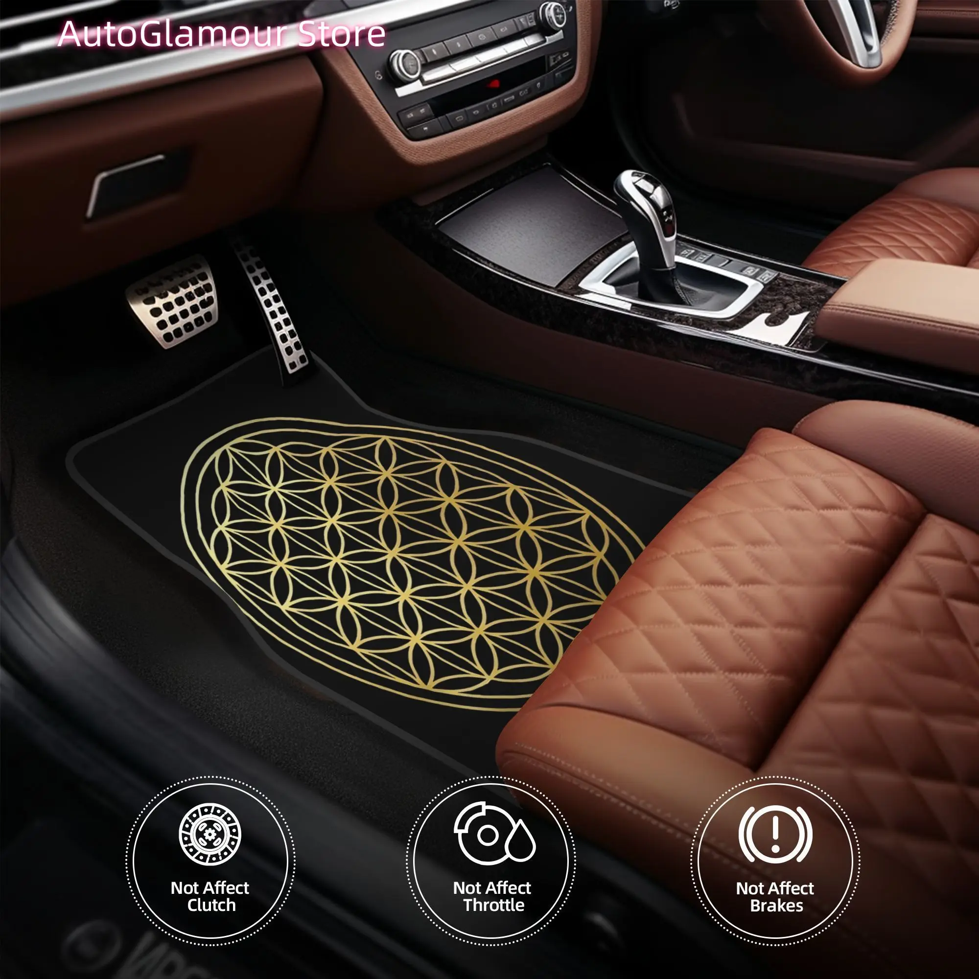 Ensemble de 4 tapis de sol de voiture avec motif Fleur de Vie, symbole mandala doré représentant la géométrie sacrée et la spiritualité