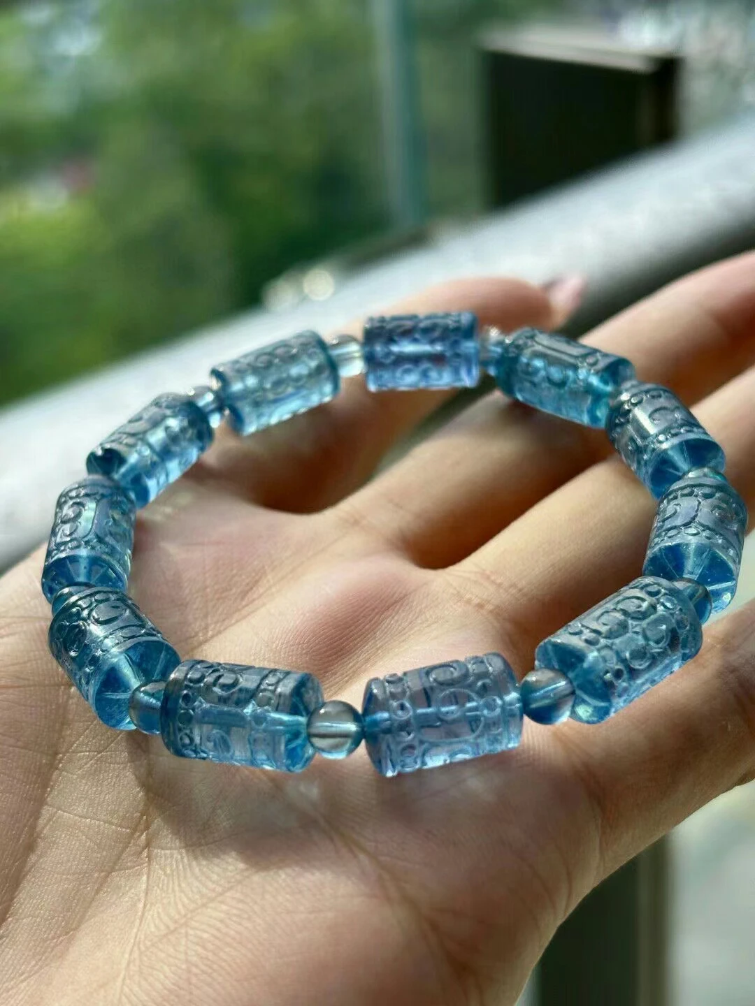 

Natural Blue Aquamarine Clear Barrel Beads Bracelet Carved 9x15mm Women Men Brazil Stretch Blue Aquamarine Jewelry AAAAA