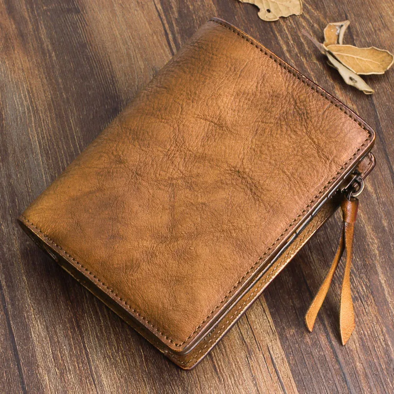 

Vintage fashion handmade designer top layer cowhide leather youth wallet simple casual outdoor short purse for men and women