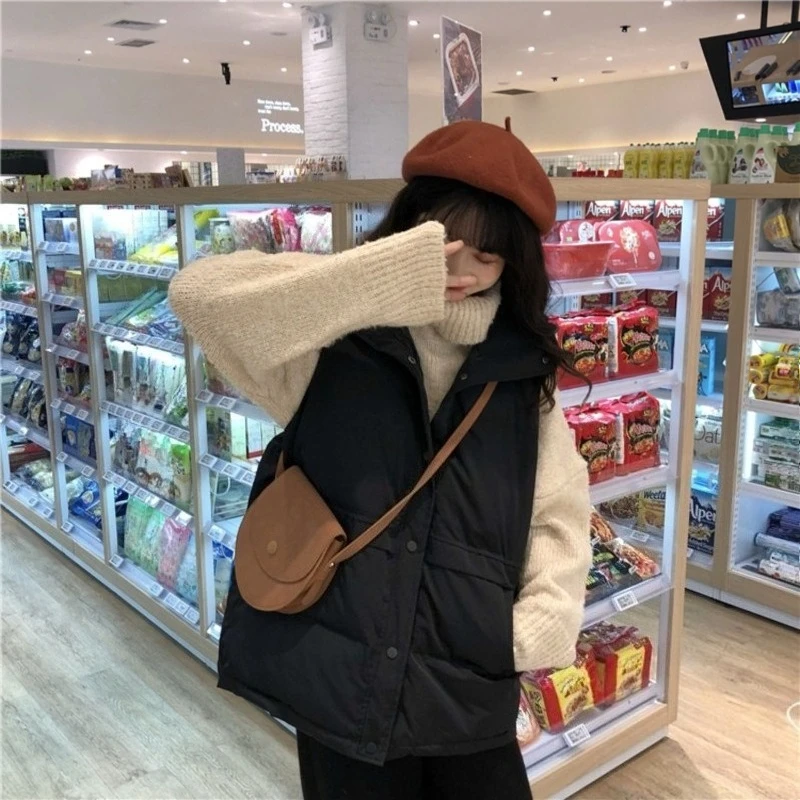 

Women's Down Cotton Puffy Vest Autumn Winter Thickened Loose Korean Style Outerwear Warmth Short Jacket for Students