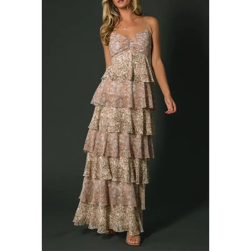 Combhasaki Abito lungo estivo da donna senza maniche con spalline regolabili con scollo a V increspato smock senza schienale con volant floreale a strati