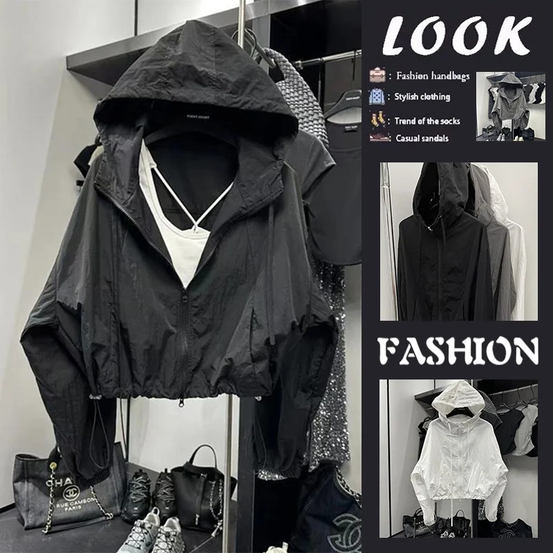 

Women's Summer Thin Short Pure Color Hooded Sun Protection Jacket Zipper Style Korean Version Commute Friendly Outdoor Coat