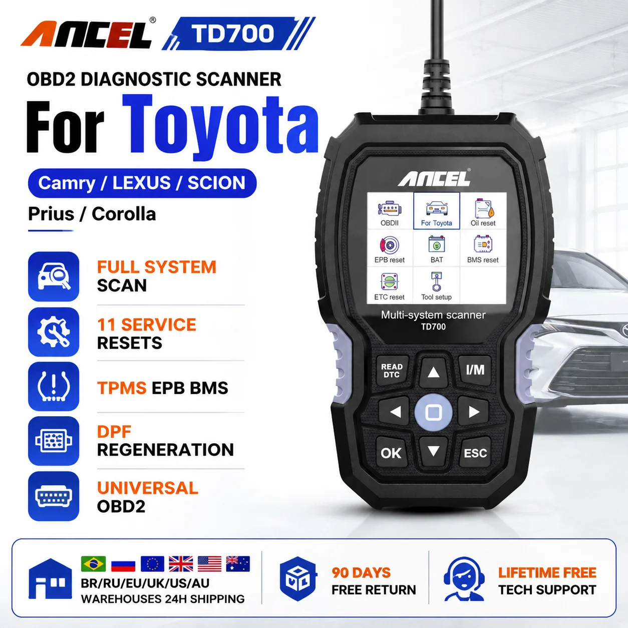 Full System OBD2 Code Reader ANCEL TD700 11+ Resets Auto VIN Battery Test Diagnostic Scanner for Toyota Lexus Scion