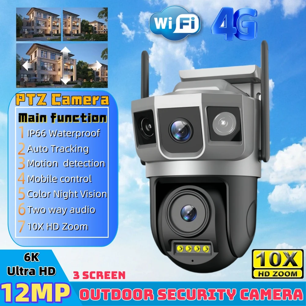 6K 12MP Outdoor HD Night Vision Surveillance Camera with PIR Body Detection Wireless Camera WIFI 4G SIM Card Triple Screen CCTV