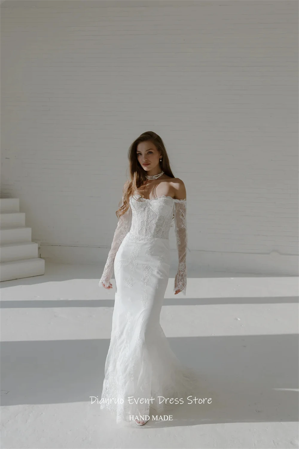 Dianruo Bodenlangen Handgemachte Hochzeit Kleid Meerjungfrau Vestido Novia Weg Von Der Schulter Applikationen Zivil Robe De Mariée Angepasst