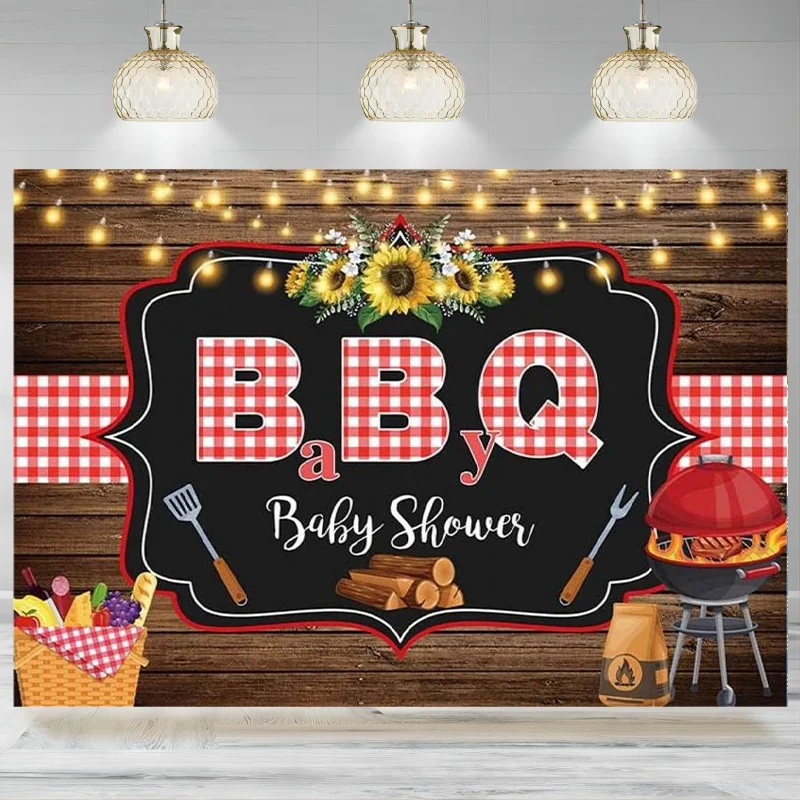 BBQ Baby Shower Backdrop Country Rustic Sunflower Party Decorations Photographic Background Lights Wood Newborn Banner