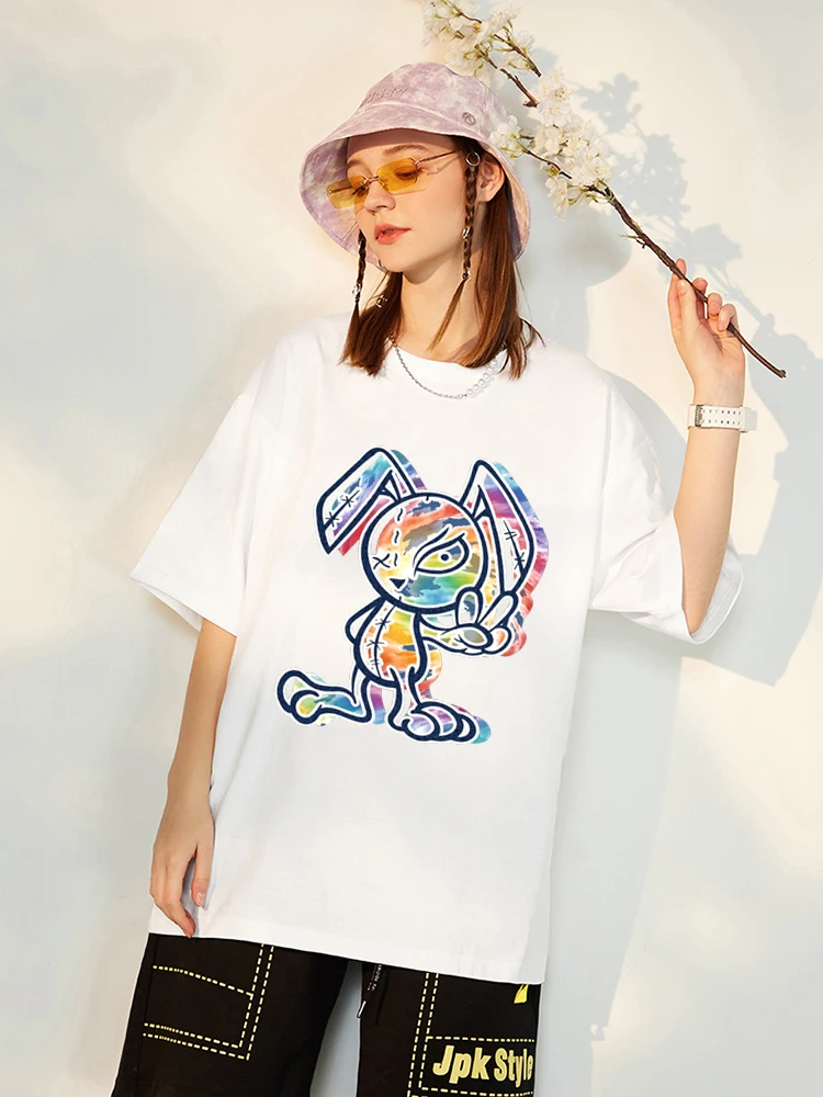 Rainbow Rabbit Cartoon Print T-Shirts Female High Quality Brand Short Sleeve Summer Cotton Breathable Tops Oversized Crewneck