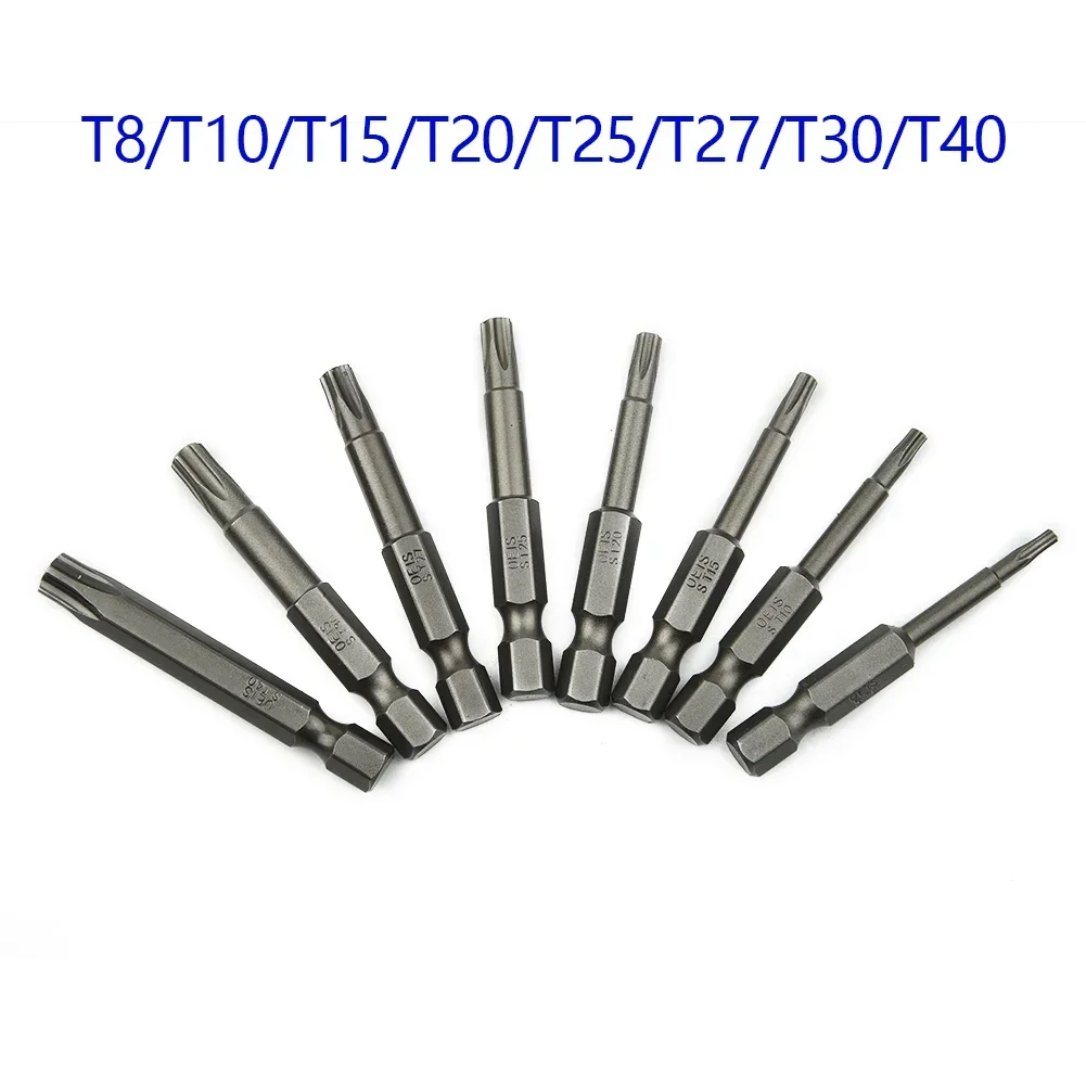 

8pcs 50mm 5 Point Torx Drive Bit Set 1/4" 6.35mm Hex Shank Electric Screwdriver Bit Kit Power Tool With Center Hole