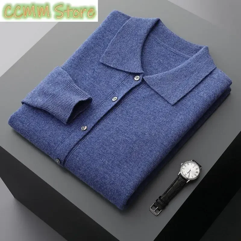 Men's Wool Cardigan Spring Autumn POLO Turn Down Collar Solid Smart Casual Cashmere Sweater Merino Wool Knitwear Fashion