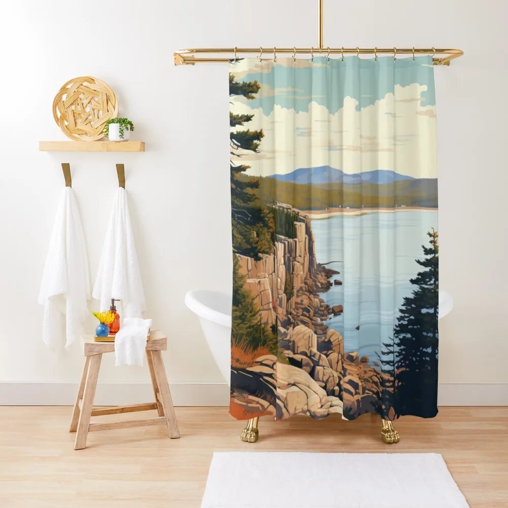 

A Vintage Travel Illustration of Acadia National Park in Maine - US Shower Curtain Accessories For Shower And Services Curtain