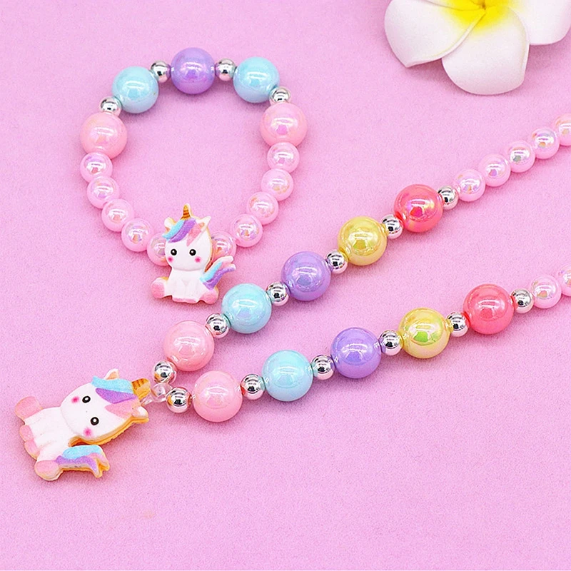 2/6Pcs Children\'s Bead Necklace Set Unicorn Rainbow Pendant Necklace Bracelet Ear Clip Girl Jewelry Accessories Children\'s Gifts