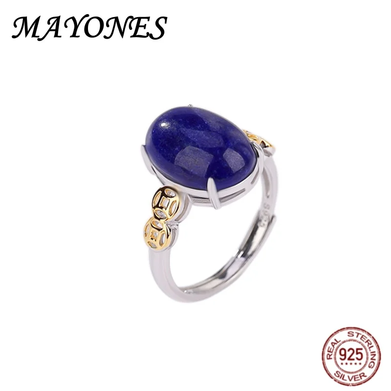 

S925 Sterling Silver Gold-plated Lapis Lazuli Retro Simple Coin Egg Face Ring For Women Adjustable Temperament Jewelry 2024