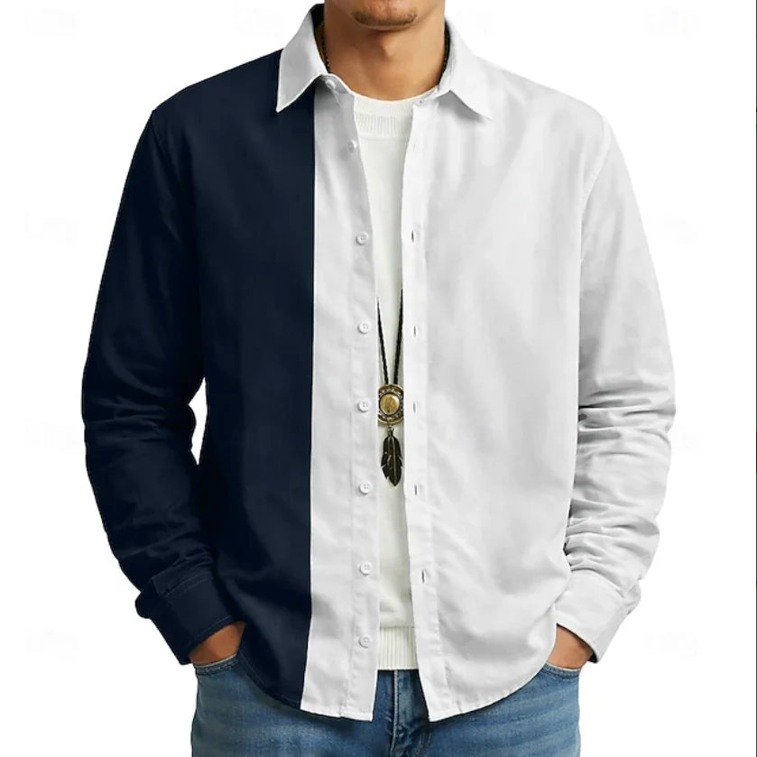 New Blue and White Contrast Splicing Men's Long Sleeve Shirt, Casual Versatile Collar Shirt, Daily Trendy Top