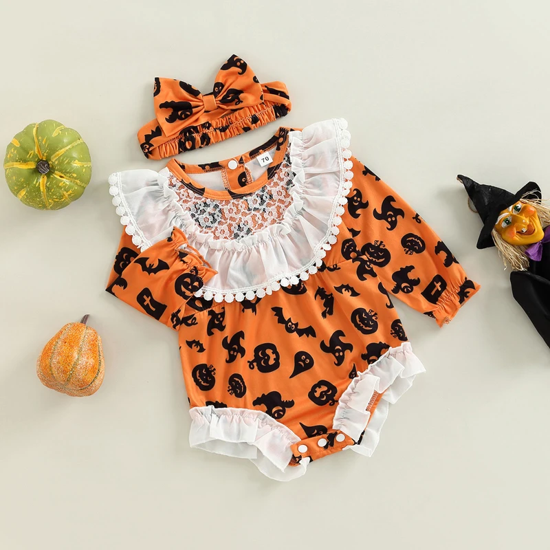 

Baby Girls Halloween Casual Romper Long Sleeve Bat Pumpkin Bat Ghost Print Romper with Headband