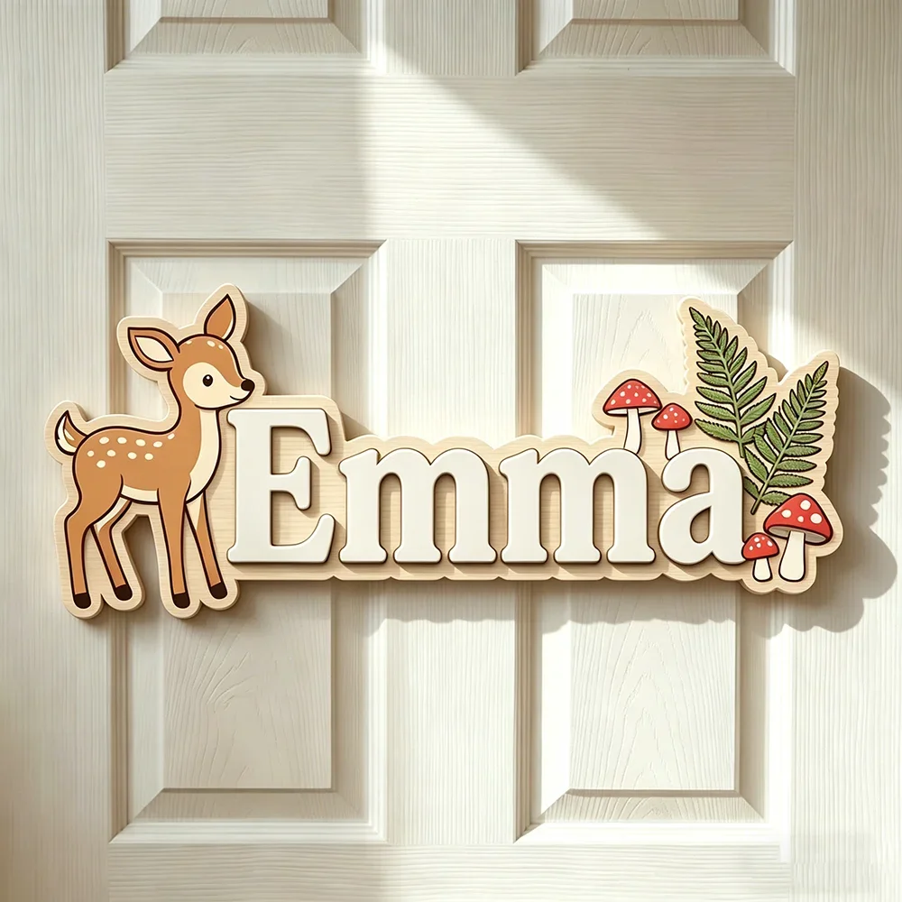 Woodland Fawn Custom Wooden Name Plate, 2-Layer 3D Letter Name Sign with Mushroom & Fern, Personalized Kids Door Decoration Gift