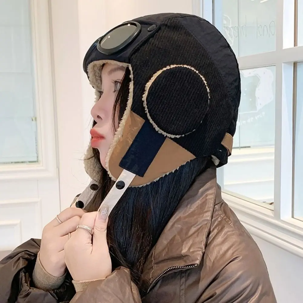 Simple Windproof Winter Pilot Hat With Goggles Anti Fog Beanie Cycling Lei Feng Hat Cold Proof Neck Protector Hat Autumn Winter