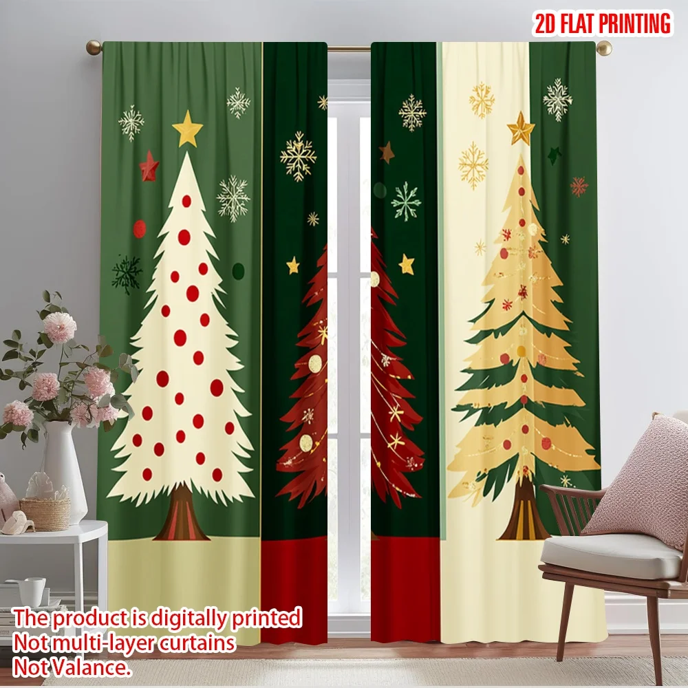 2pcs,2D plane printing Curtain Fabric Festive Christmas Trees Holiday Versatile Durable Polyester (without rod) Gifts Use for