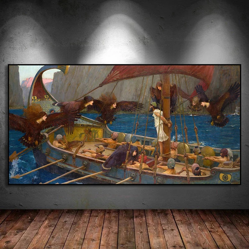 Famous Artwork John William《Ulysses and The Sirens》Canvas Painting Posters and Prints Pictures for Living Room Home Decor