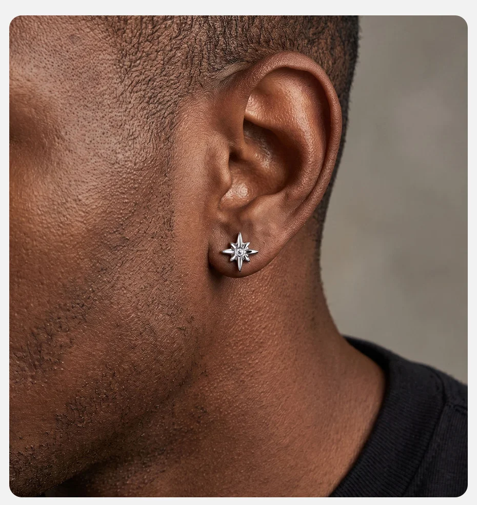 Vnox Edelstahl-Ohrstecker in Form eines achteckigen Sterns, weiße Zirkonia-Nordstern-Ohrringe für Herren, Punk-Minimalist-Schmuck für die Ohren, Geschenkidee. – Detail 1