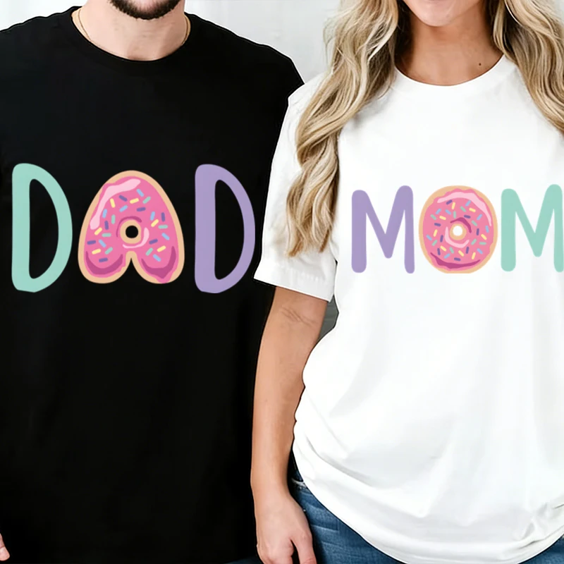 

Fun Donuts Dad/Mom Print T Shirt Wife and Husband Cartoon Y2K Tops Pregnancy Announcement Couple Matching T-shirts Gifts