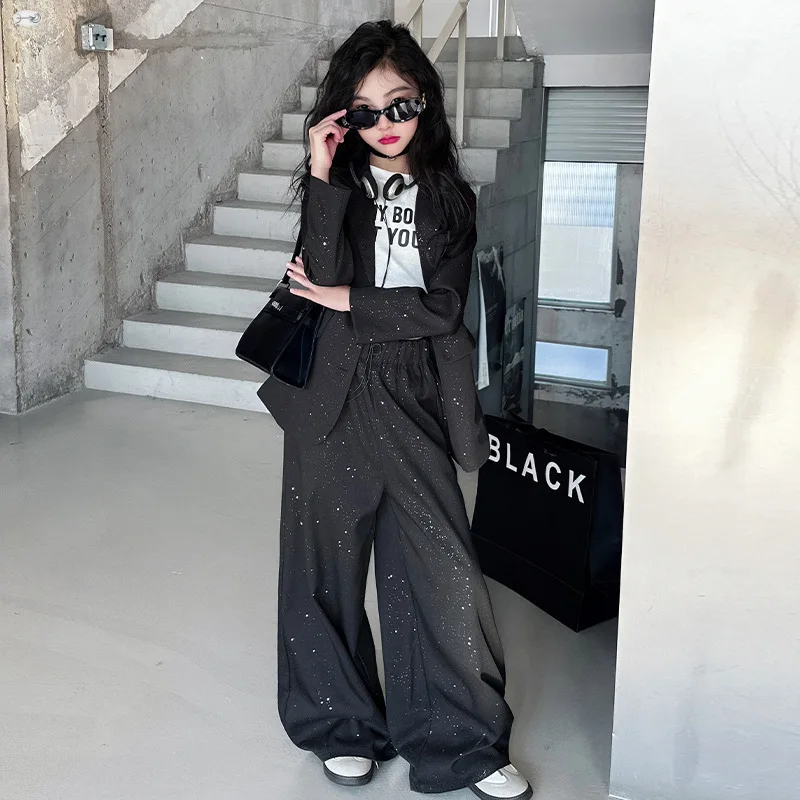 Girls blazers sprinkle silver suit set 2025 spring and autumn new fashionable little girl cool salsa jacket pants two-piece sets