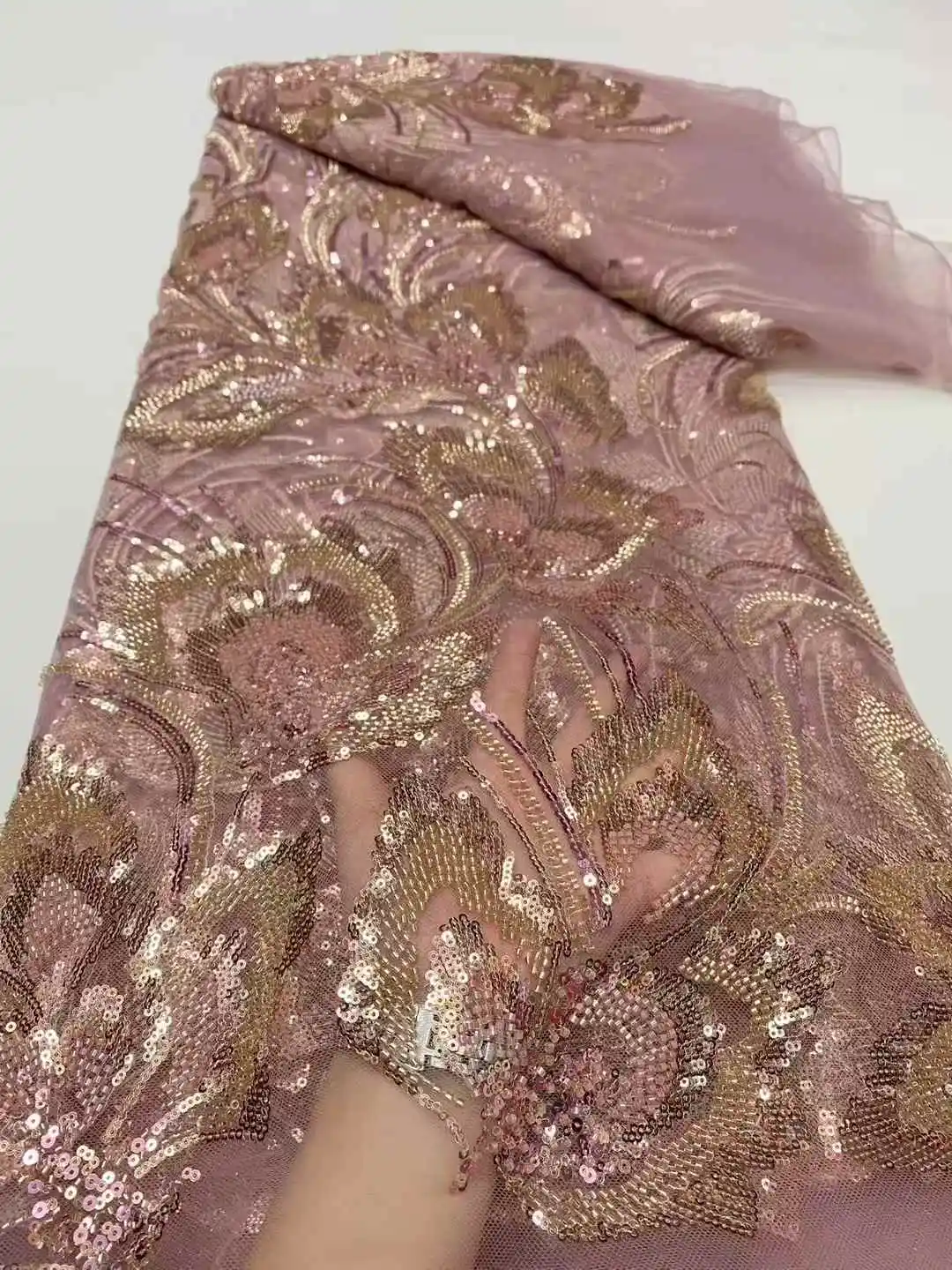 アフリカのレース生地高品質ビーズ付きナイジェリアレース生地結婚式用女性ドレスフレンチチュールレース生地-DP