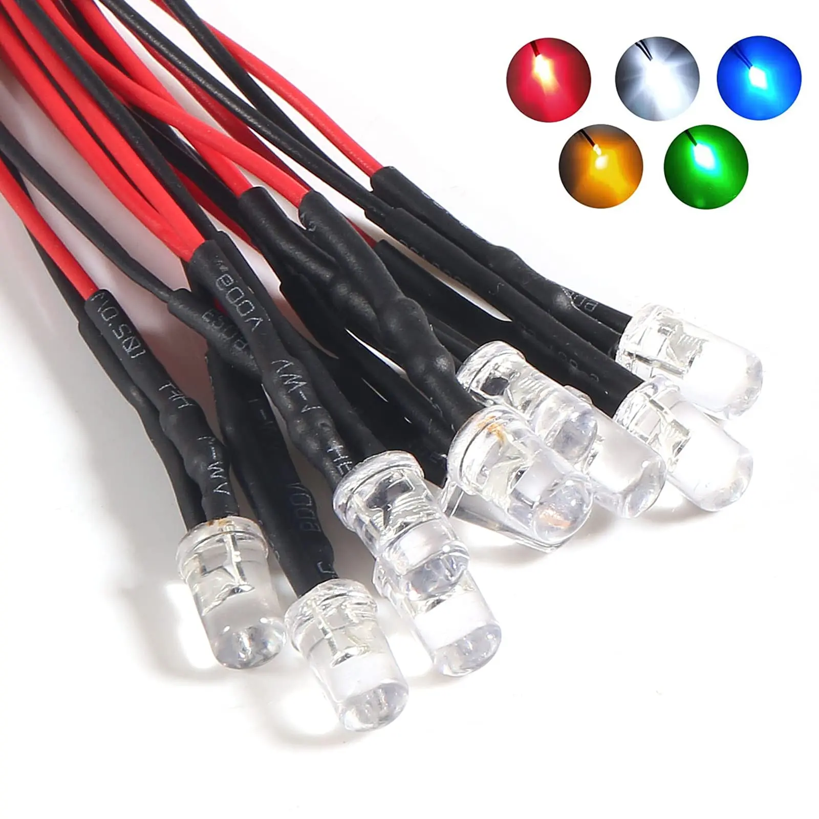 5 Colors LED Lights Emitting Diodes,DC 12V 5mm LED Assorted Kit Diffused Colored Lens-White Red Yellow Green Blue Small LED Lamp
