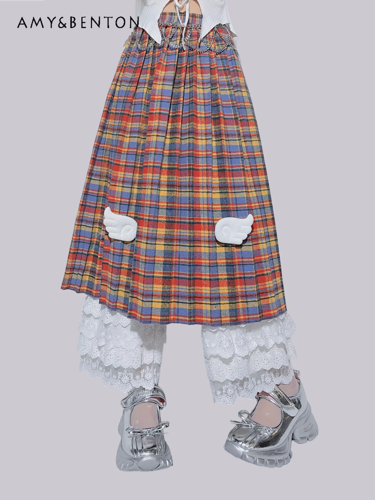 

Summer New American College Style Women's Colorful Plaid Medium and Long Skirt Versatile Metal Waist Chain White Lace Trousers