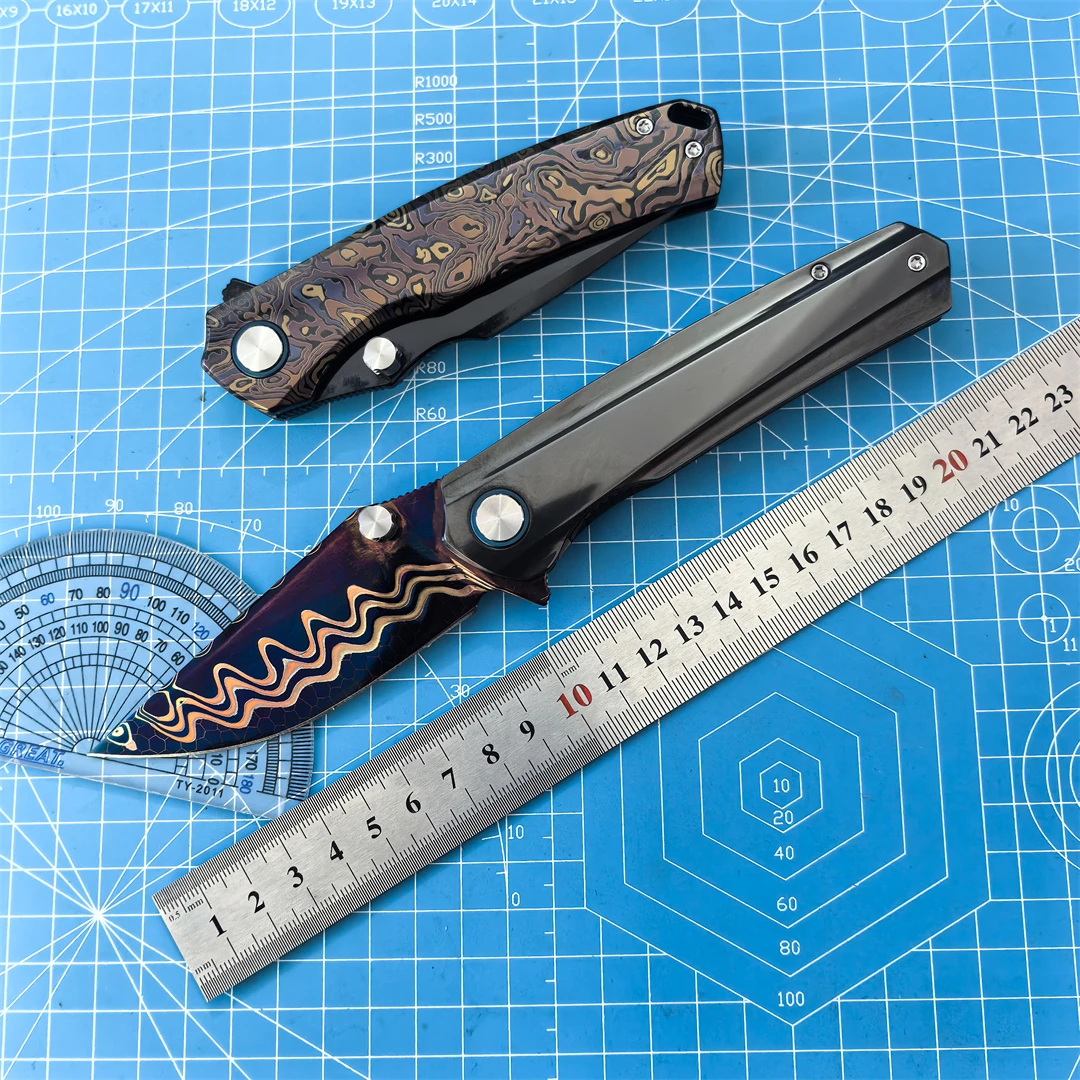 Copper Damascus Steel Folding Knife Zirconium Alloy Handle Bearing Outdoor Camping Fishing Hunting Defense EDC Tool