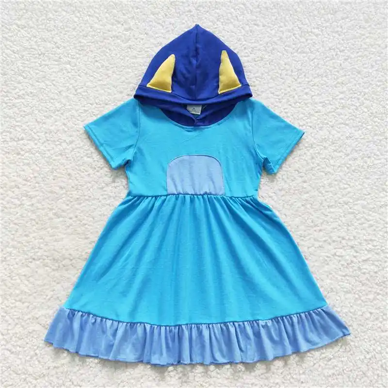 

Wholesale Girls Summer Short-Sleeved Hooded Dress Multi-Element Hat Same Color Round Neck Bright Colors