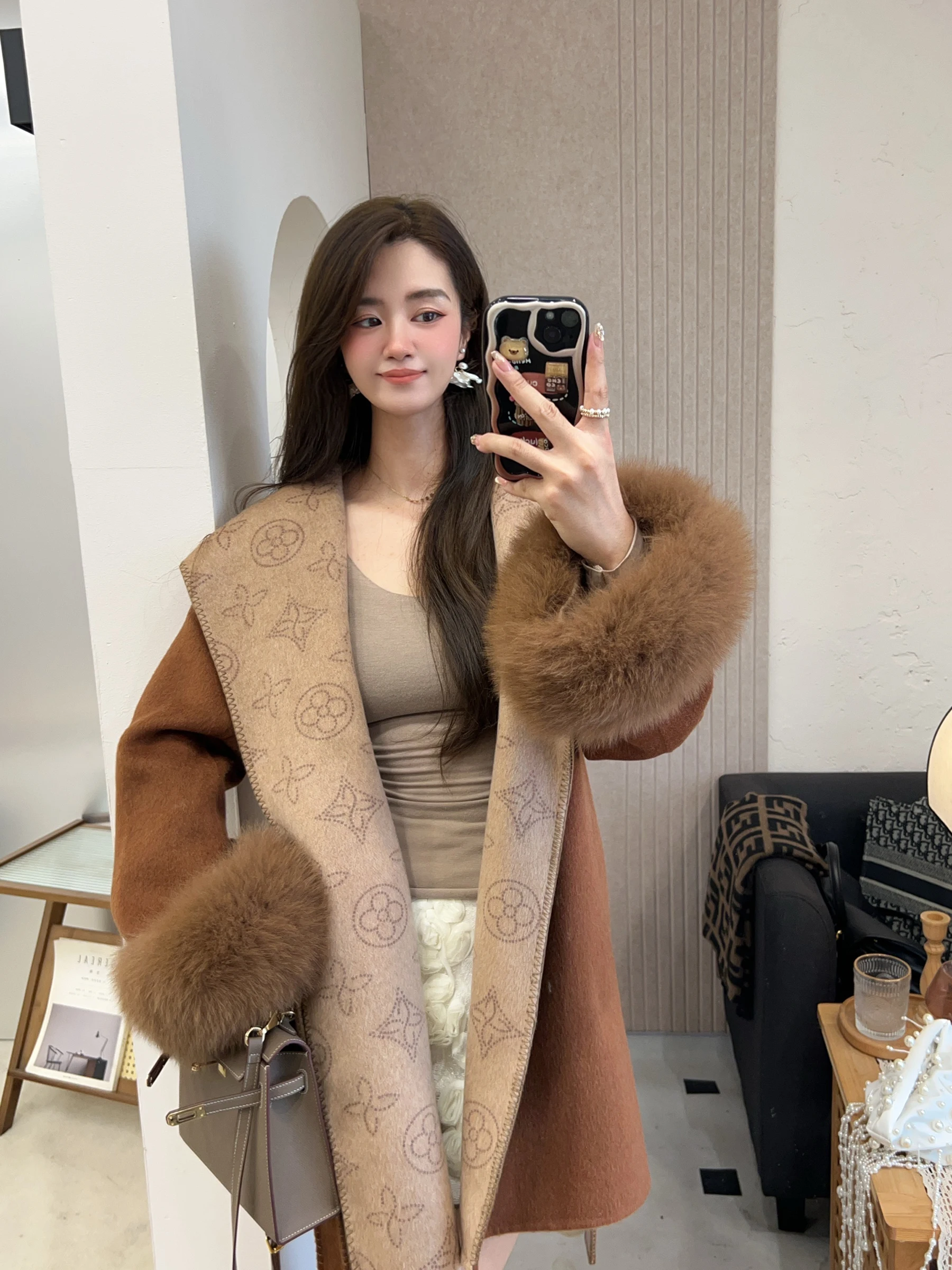 معطف صوفي جديد بغطاء للرأس مطبوع على الوجهين، معطف متوسط إلى طويل من فرو الثعلب للنساء