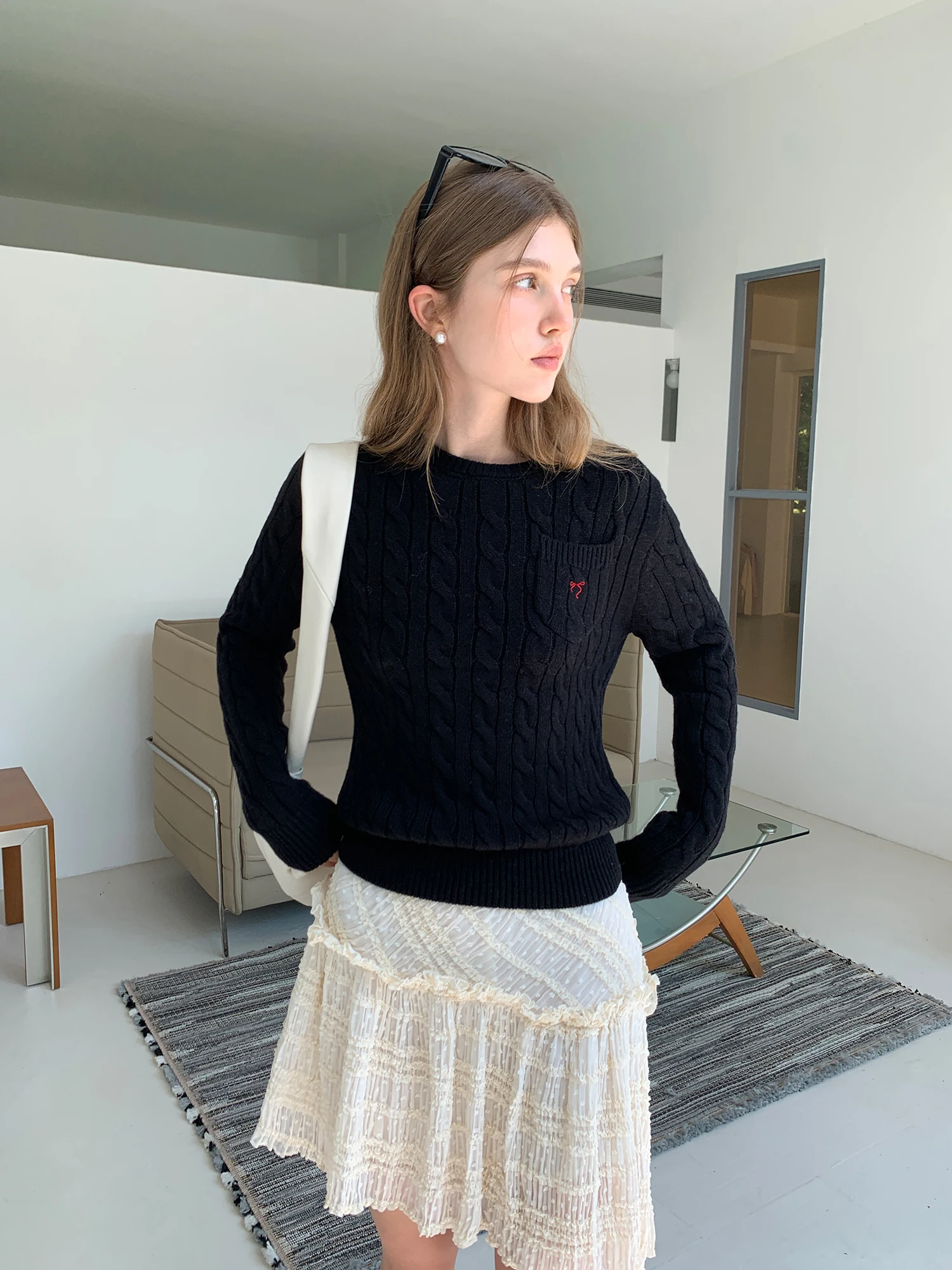 

Женский повседневный свитер Eggka из высококачественного полиэфирного волокна, круглый вырез, вязаный, приталенный, с узором «косичка», для офиса и повседневной носки