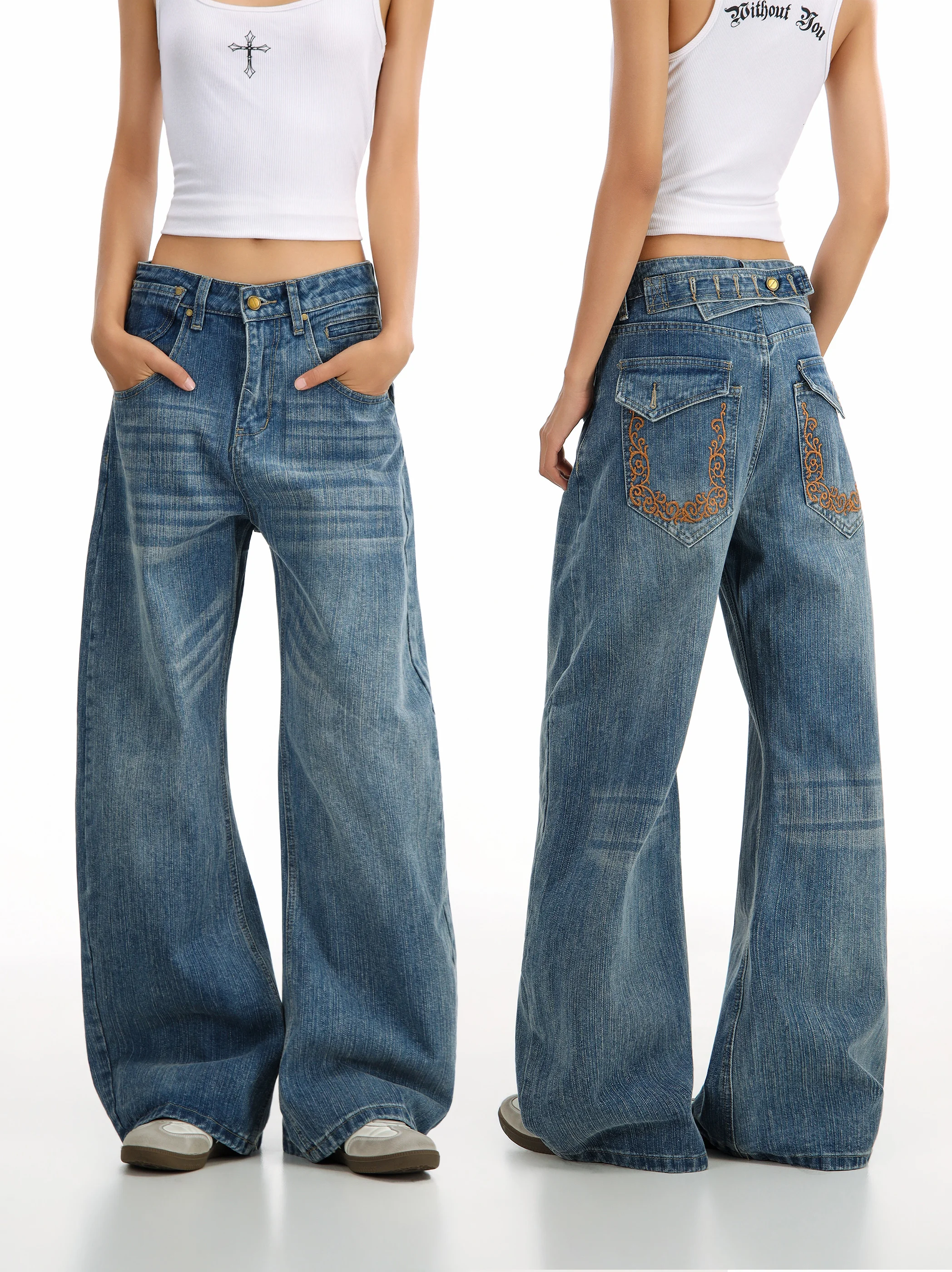 

High Waist Loose Fit Casual Washed Bamboo Design Paris Button Denim Jeans Women's Comfortable Breathable Summer Jeans