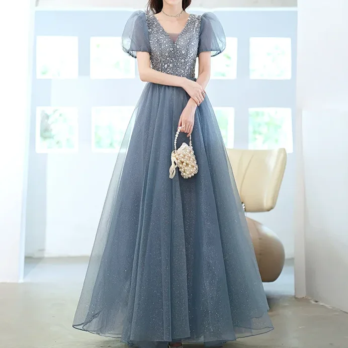 

Sweet Memory 2024 Fashion Women Formal Evening Dresses Puff Sleeve Gown Girl Mesh Tulle Net Bandage A-Line Wedding Party Dress