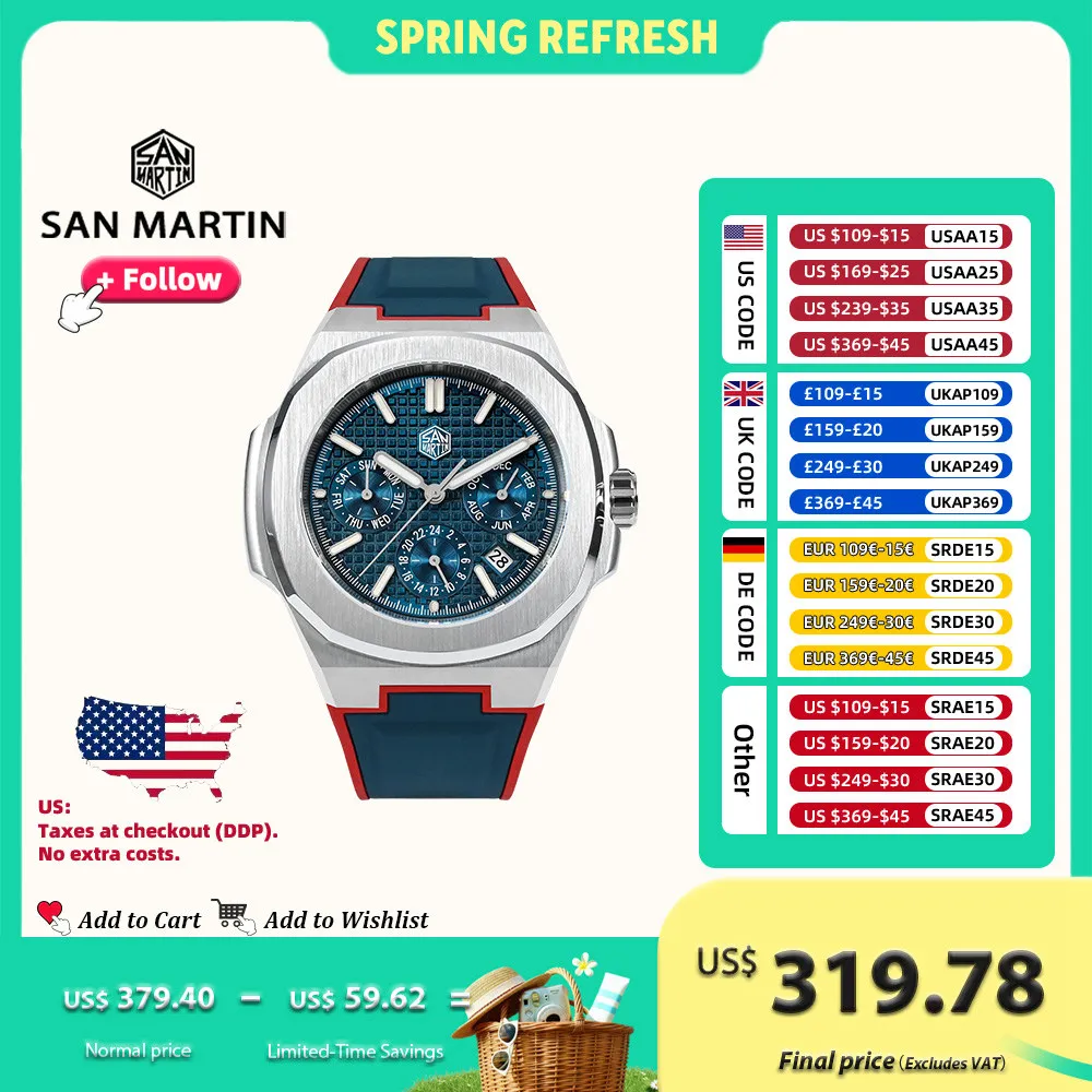 

San Martin 43mm Luxury Men Watch Business Multifunctional Miyota 9120 Automatic Mechanical Watches Luminous Waterproof SN0075