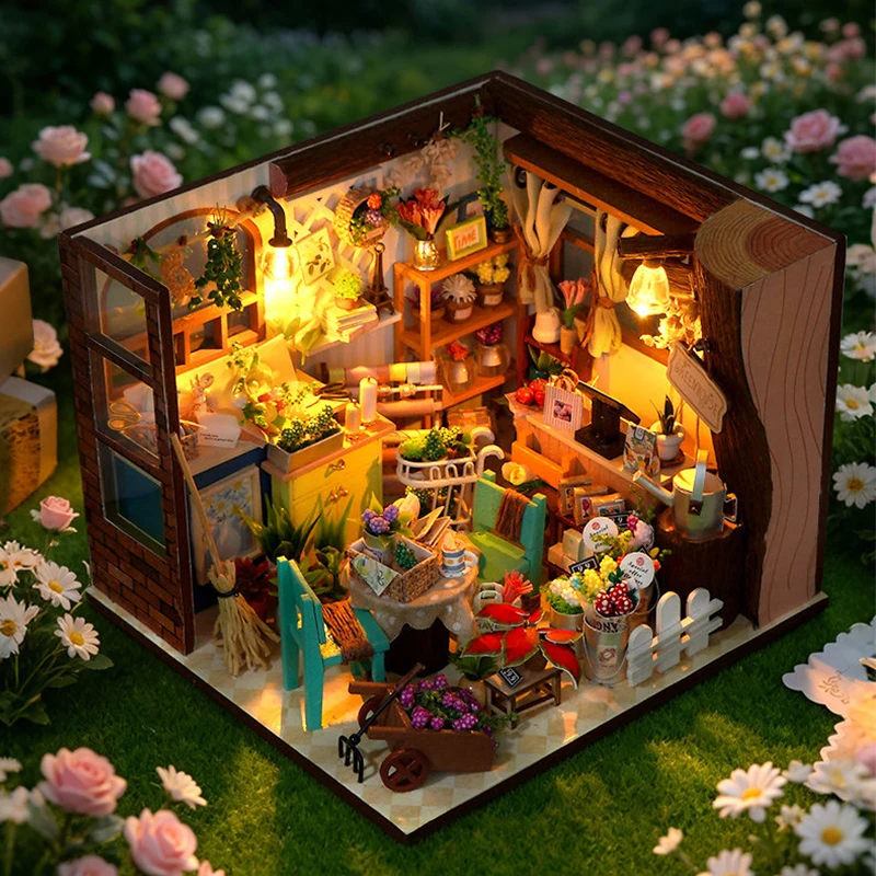 

DIY Wooden Flower Store Mini Casa Miniature Model Kits With Furniture Lights Bakery Dollhouse for Friends Birthday Gifts